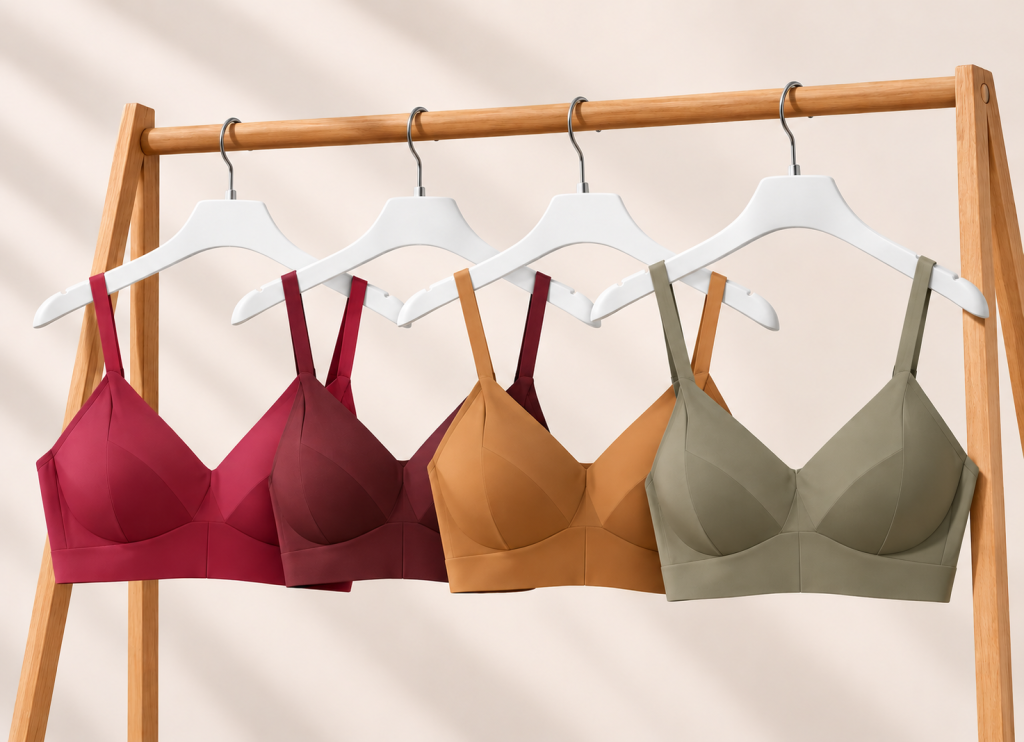 four bras on a white hanger wooden rack